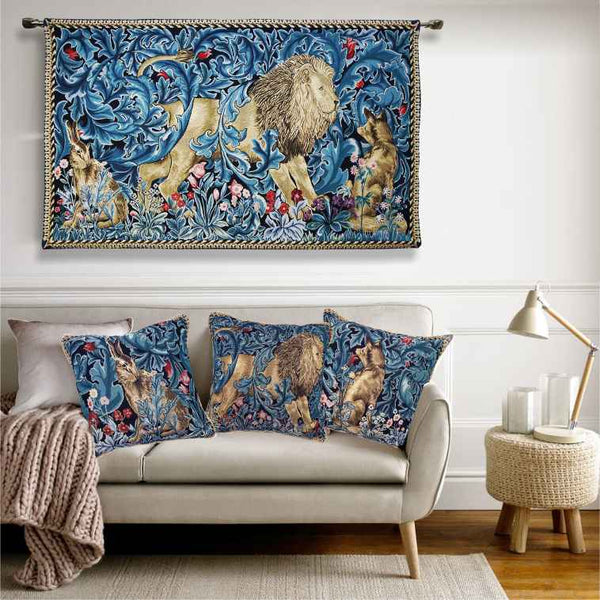 William Morris cushions and wall hanging.
