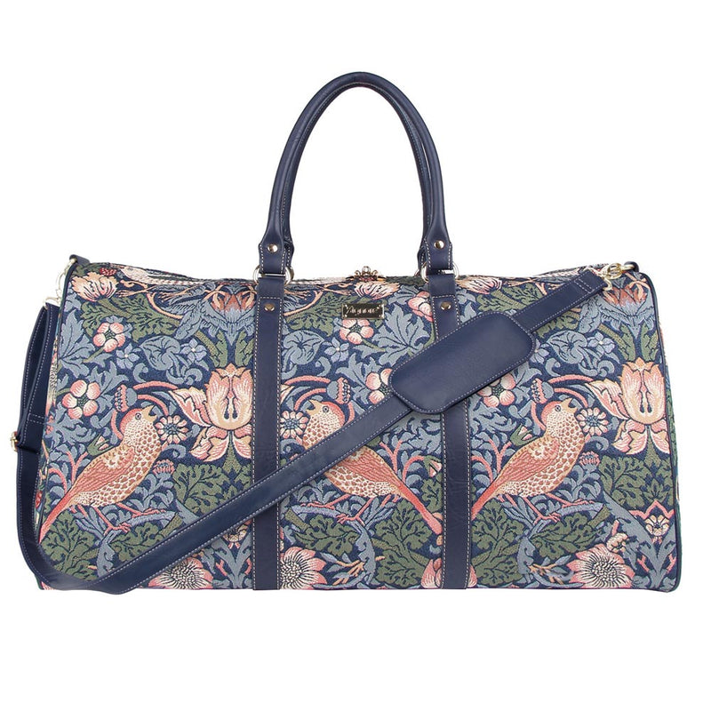 William Morris Strawberry Thief Blue - Big Holdall Bag Leather Handle | Signare Tapestry